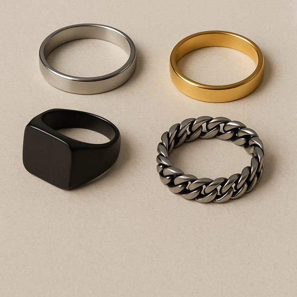 Four stainless steel men's rings on a beige background: silver band, gold band, black signet, and silver Cuban.