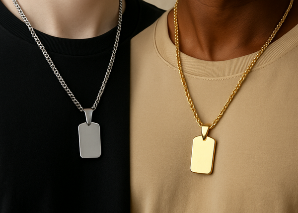 Two men wearing silver and gold pendants.