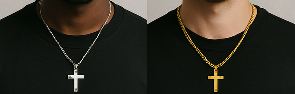 Silver and gold pendants worn by individuals with cool and warm skin tones.