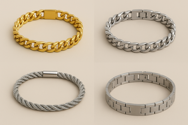 Collection of men’s bracelets in gold and silver tones including Cuban link chains, rope design, and stainless steel link styles displayed on a neutral background.