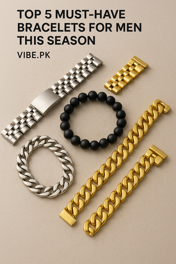 Five men’s bracelets displayed on a beige background, including silver and gold Cuban chain bracelets, silver and gold Jubilee bracelets, and a matte black beaded bracelet.