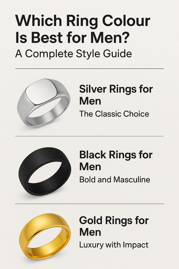 Response 1  Silver, black, and gold men’s rings shown as classic, bold, and luxury style options.