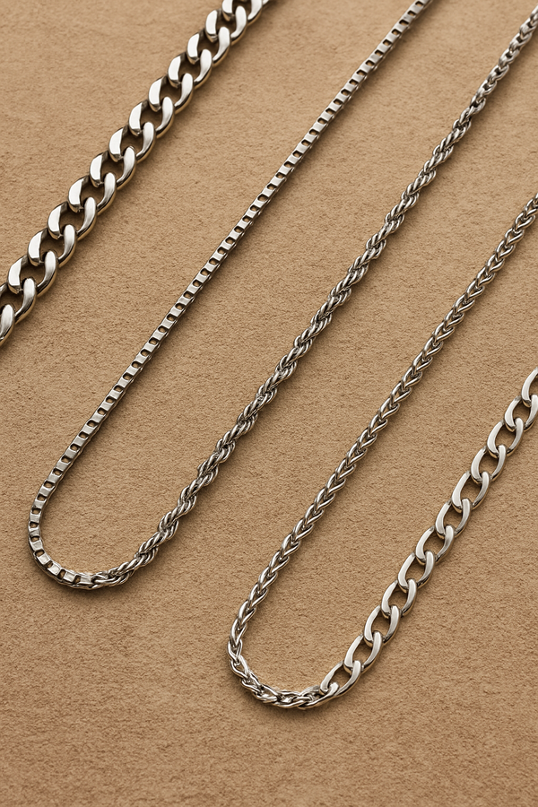 Stainless steel men’s chains in Pakistan – Cuban, box, rope, and curb link styles displayed on a beige background.