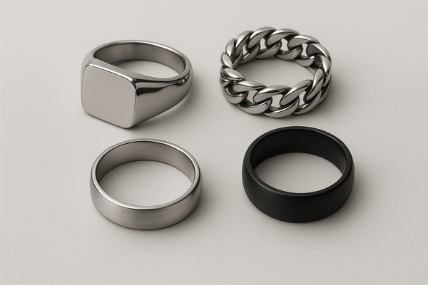 Four stylish men’s rings including a silver signet ring, Cuban link ring, matte black band, and brushed silver band on a gray surface.