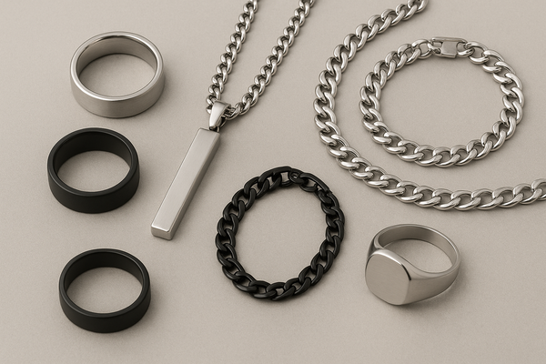 Assorted men’s jewelry including silver and black rings, a silver signet ring, black and silver chain bracelets, and a silver bar pendant necklace arranged on a gray background.
